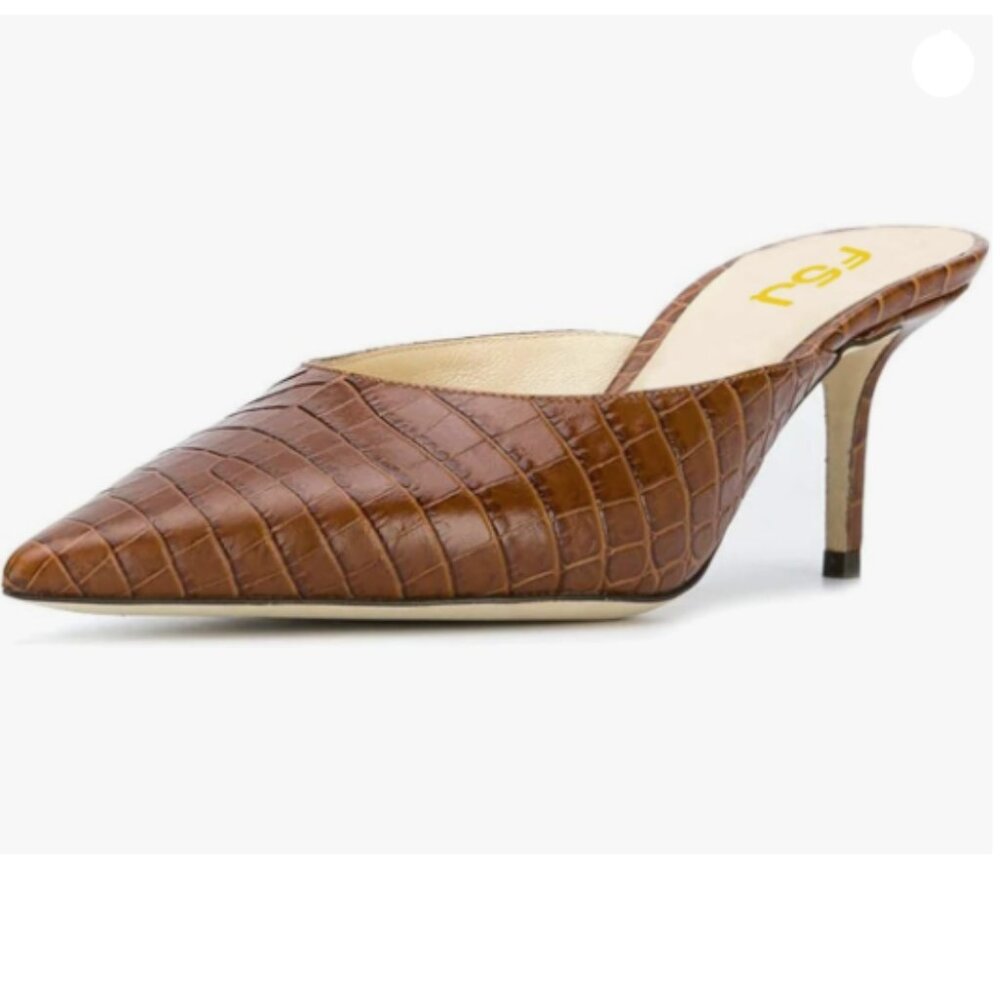 FSJ Women Slip On Mid High Heeled Mules Slipper Closed Pointed Toe Sandals Brown